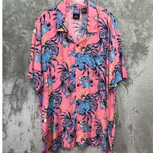 Disney Stitch Mens XXL Pink Tropical Hawaiian Aloha Shirt Short Sleeve Button Up